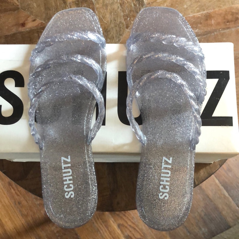 SCHUTZ Diana Silver Glitter Braided Jelly Sandals 8 NWT, no box, with dust bag